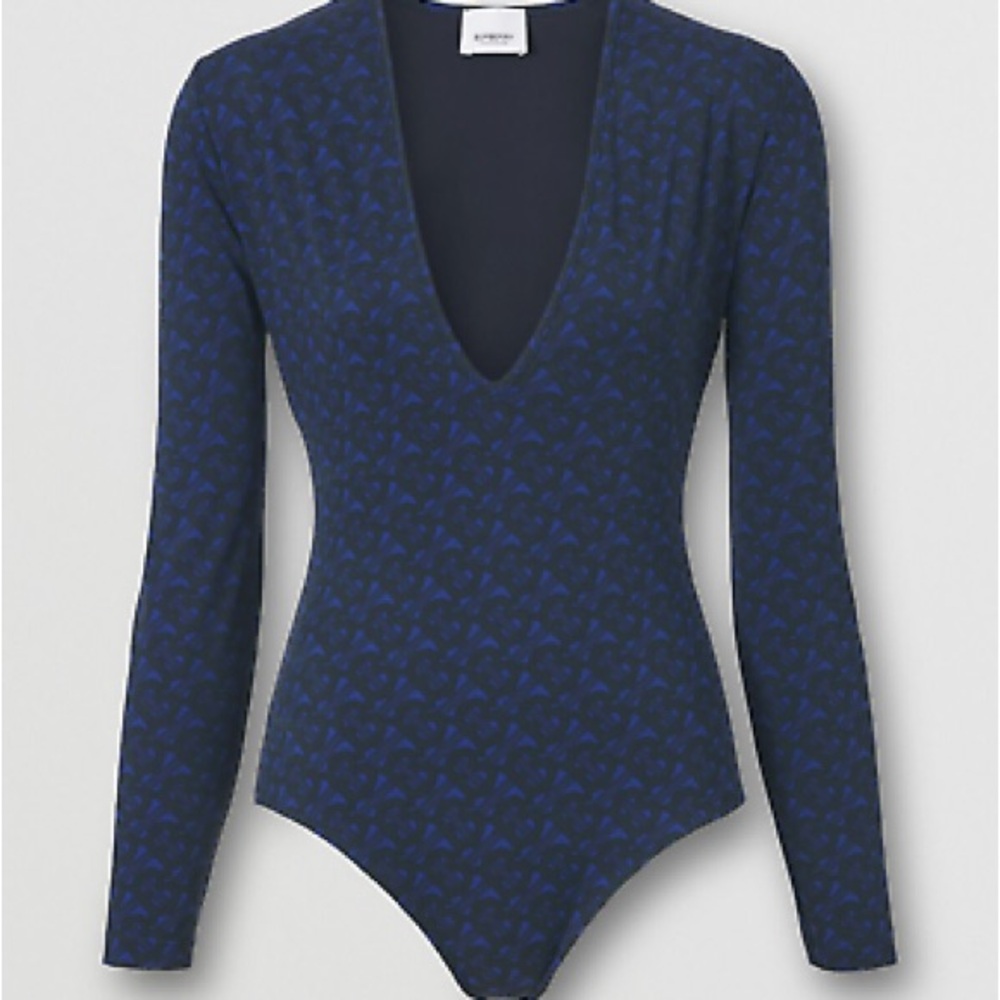 💯- New Authentic Burberry Signature TB Monogram Long-Sleeve Bodysuit